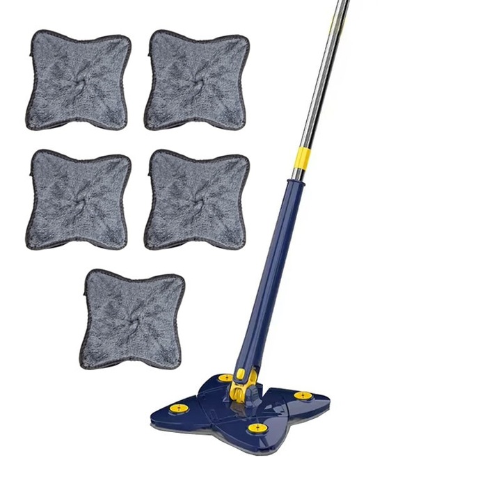 Set mop multifunctional cu 5 lavete NEXTLY pentru suprafete uscate si umede, cap forma de stea rotativ 360° si pliabil 180°, stergator pentru geamuri, podele, pereti, mobila, laveta microfibra lavabila si detasabila, maner 110cm, albastru