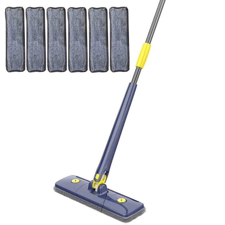 Мултифункционален моп комплект с 6 кърпи NEXTLY за сухи и мокри повърхности, въртяща се на 360° и сгъваема на 180° правоъгълна глава, чистачка за прозорци, под, стени, мебели, микрофибърна кърпа, която може да се пере и сваля, дръжка 110 см, синя