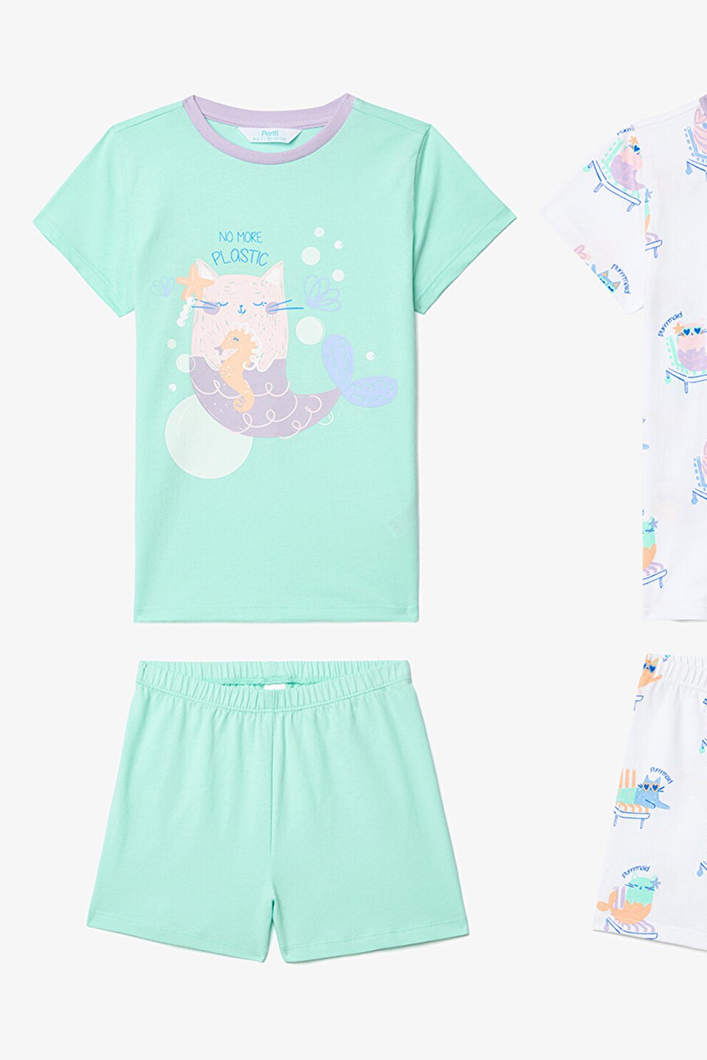 Penti, Pijama din bumbac cu imprimeu grafic si maneci scurte, Alb, Albastru aquamarin, Lila, 152-160 CM