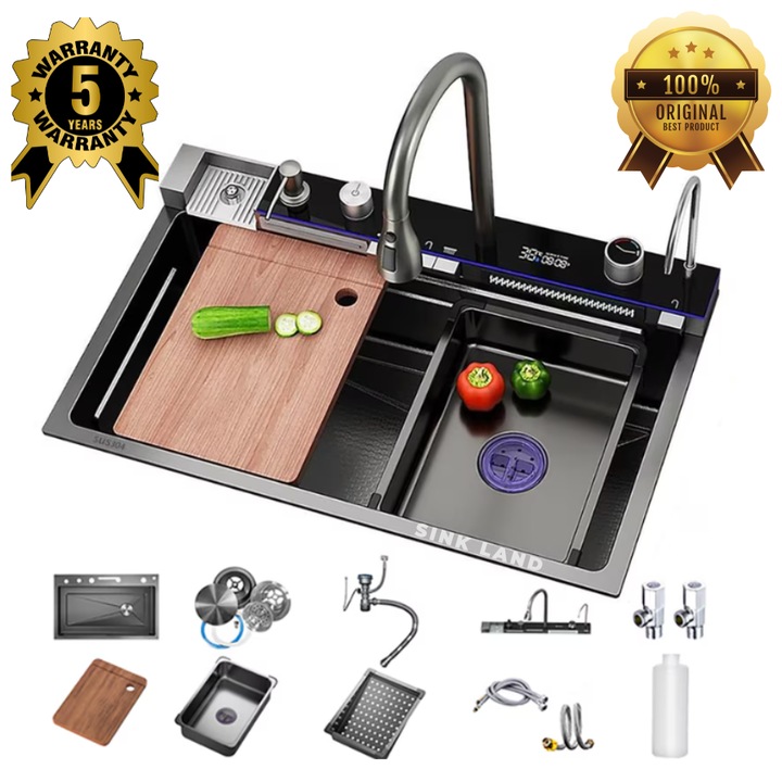 Chiuveta bucatarie SinkLand 75x45 cm, neagra, multifunctionala, Certificat de calitate, cu dus extractibil, dispenser sapun, sifon purificare, afisaj LCD, 2 functii cascada, accesorii incluse