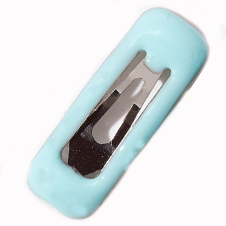 Clama de par rectangular, albastru deschis, din plastic si metal