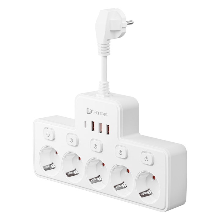 LEHOTPIA Prelungitor Priza de Perete cu Comutator Simplu si 5 Prize AC + 4 Porturi USB (1 Tip C), 2500W Maxim, Potrivit pentru Casa, Dormitor, Birou, Sufragerie