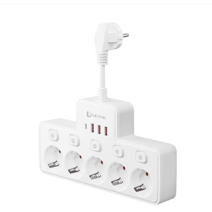 Стенен контакт LEHOTPIA с обикновен превключвател и 5 AC контакта + 4 USB порта (1 тип C), максимум 2500 W, подходящ за дома, спалнята, офиса, хола