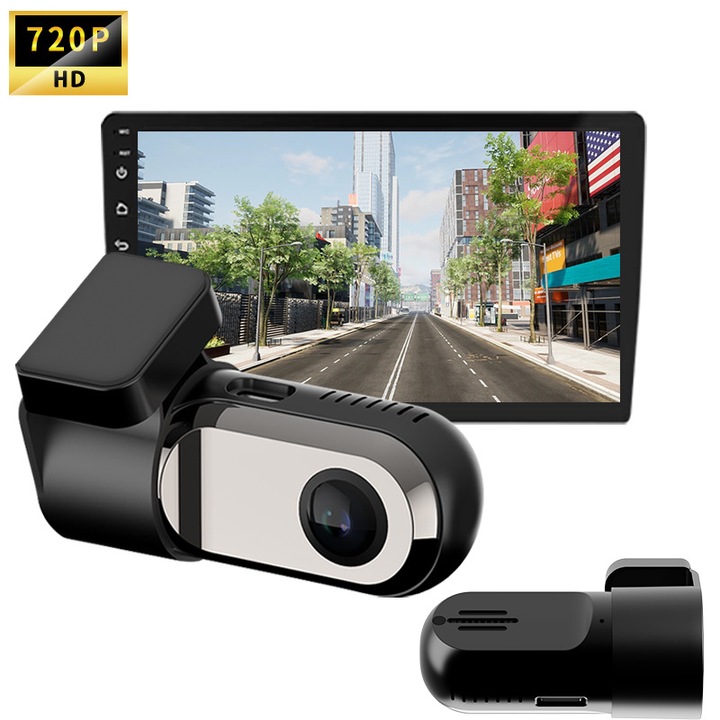 Camera video de bord, 720P, card TF, conducere inteligenta ADAS, calcul distanta, detectarea miscarii, detectarea coliziunilor, unghi larg 130°, inregistrare in bucla, USB, aliaj de zinc, negru