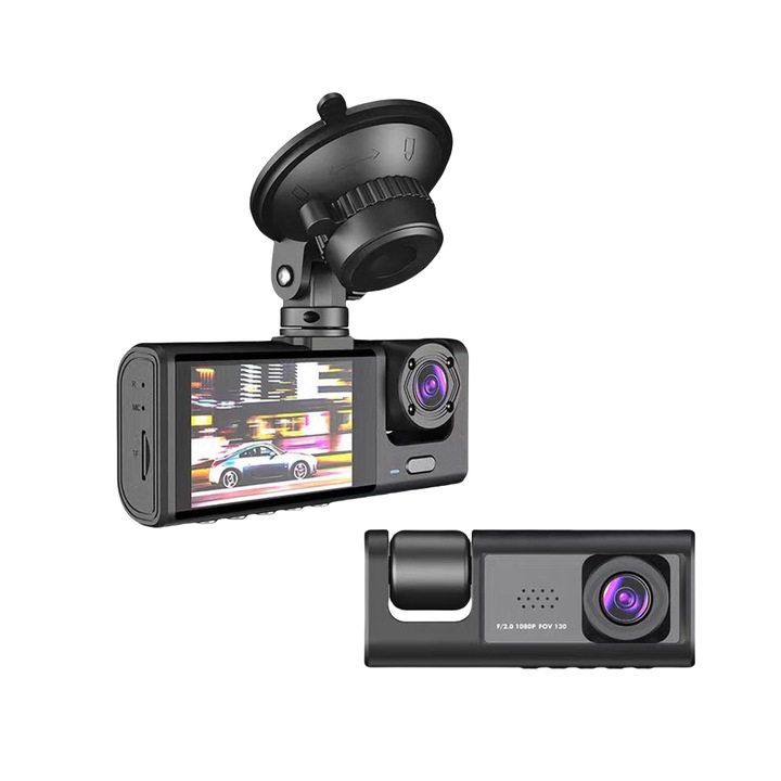 Dash Cam, WIFI, Тройна HD камера, 1080P, 2-инчов дисплей, Поддръжка на TF карта, Обратно изображение, Детекция на движение, Инфрачервено нощно виждане, Автоматичен цикличен запис, Сензор за гравитация, 24-часово наблюдение, Черен