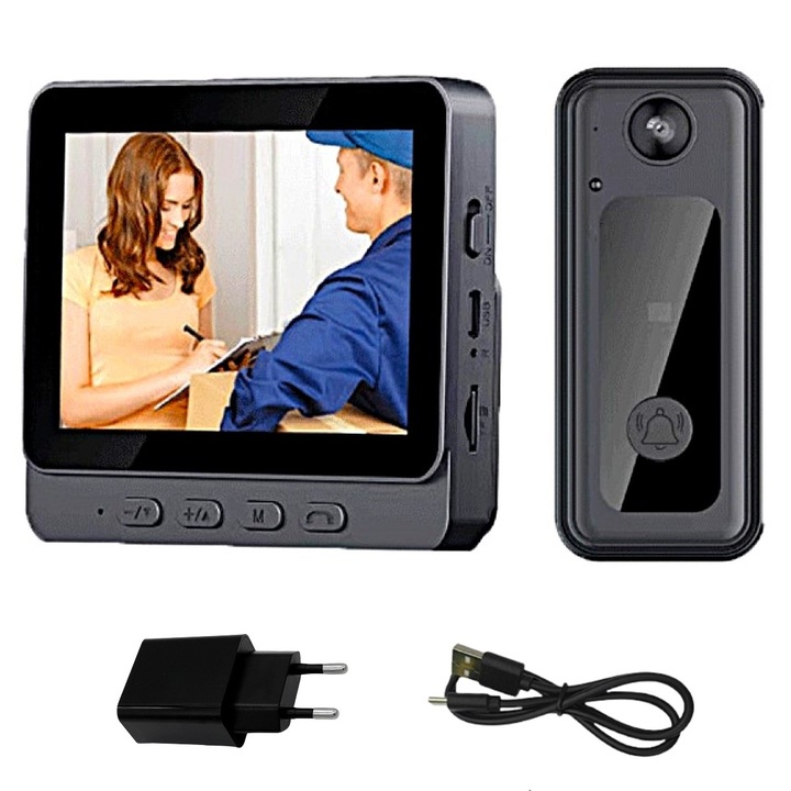 72DESI Bluetooth intelligens videó csengő, 4,3 hüvelykes IPS képernyő, infravörös éjszakai látás, IR érzékelő, HD videó kaputelefon, 8 MP, kétirányú kommunikáció, 170°-os látószög, beépített elemek, egyszerű telepítés kábelek nélkül, fekete