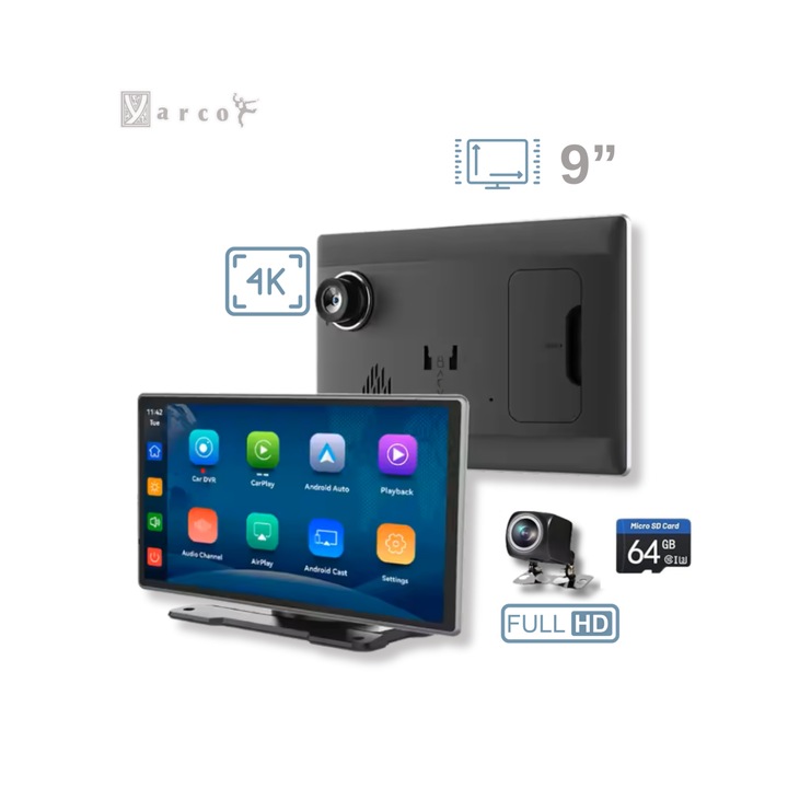 Navigatie Auto YARCO 9” cu CarPlay si Android Auto Wireless, Camere 4K/1080P, Conectivitate Audio Multipla (BT, FM, AUX), Senzor automat de lumina, Card 64GB