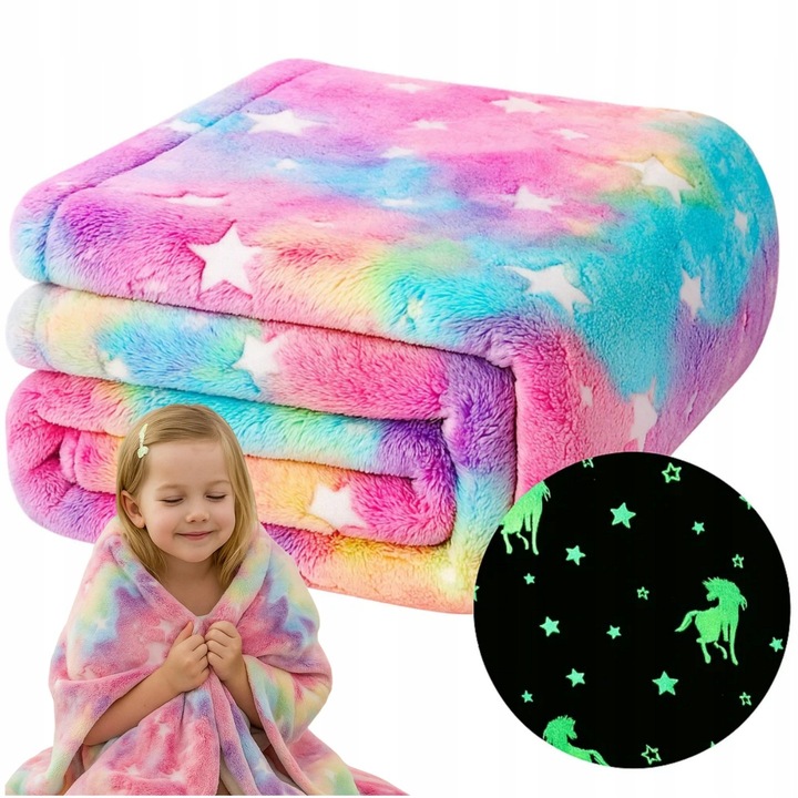 Patura pentru copii 150x200 cm – model unicorn, moale si stralucitoare in intuneric