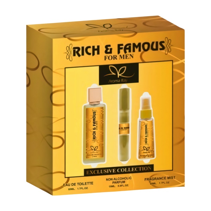 Мъжки парфюм, AROMA RAY, RICH & FAMOUS, комплект, Тоалетна вода 50мл, Парфюм 15мл, Спрей 50мл