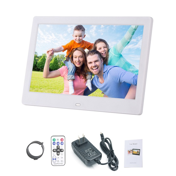 Фоторамка, Rqiurpn, HD, цифрова, 10.1 инча, 1024x600, тънка, дистанционно управление, възпроизвеждане от SD карта, за търговски презентации, снимки, видео, музика, бяла