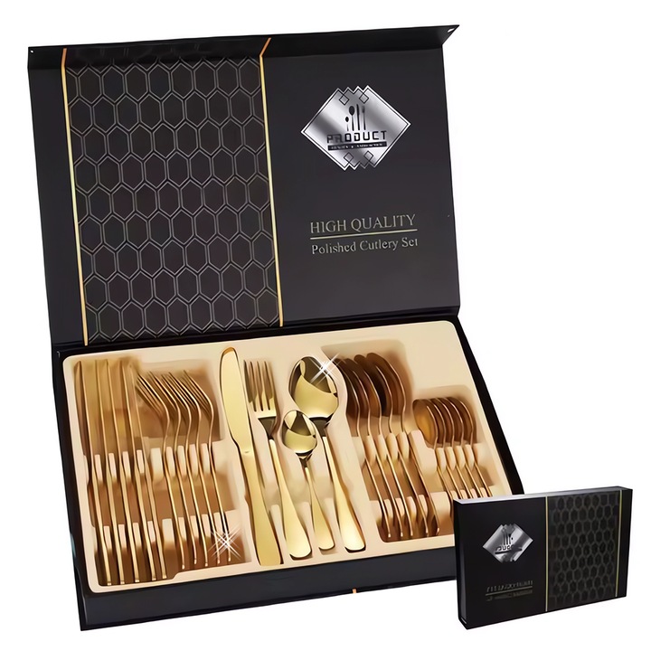 Set 24 de Tacamuri Aurii Teno®, design simplu si elegant, otel inoxidabil, materiale premium, rezistente la uzura, aspect luxos, cutie de depozitare, auriu