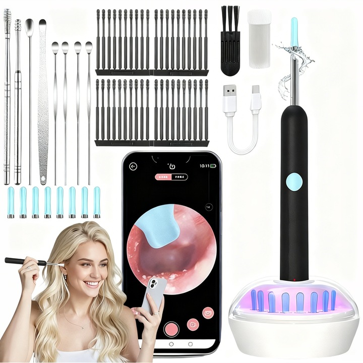 54 de piese de set de spalator inteligent de urechi pentru curatare vizuala, endoscop 1080 HD, lumina LED, 6 tampoane de urechi din silicon, 6 tampoane de urechi, 20 tampoane de urechi adesive de unica folosinta - pentru iOS si Android