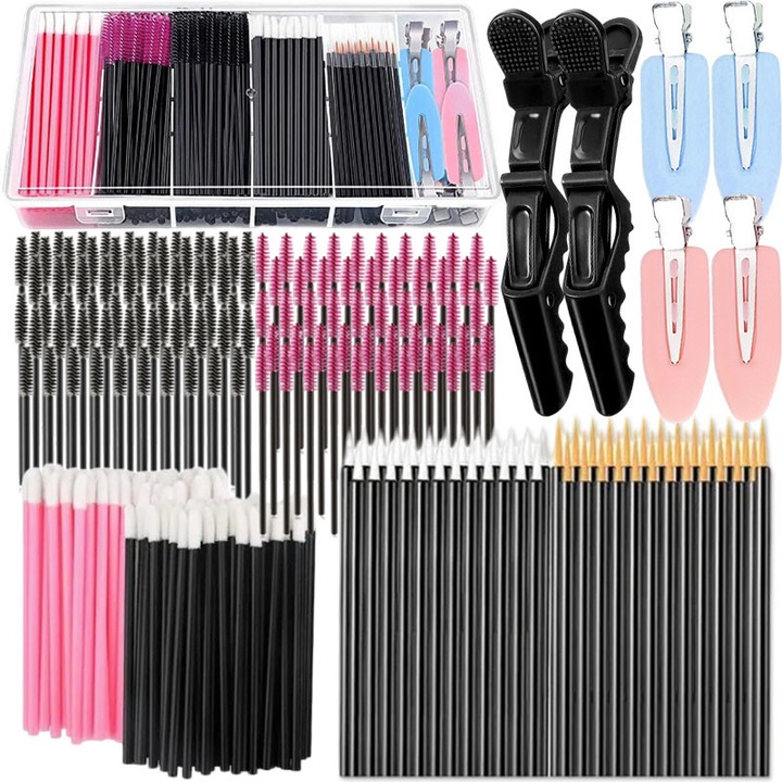 Set aplicatoare si pensule machiaj, 100 betisoare mascara, 100 pensule buze, 48 pensule eyeliner, 6 agrafe, cutie de depozitare inclusa