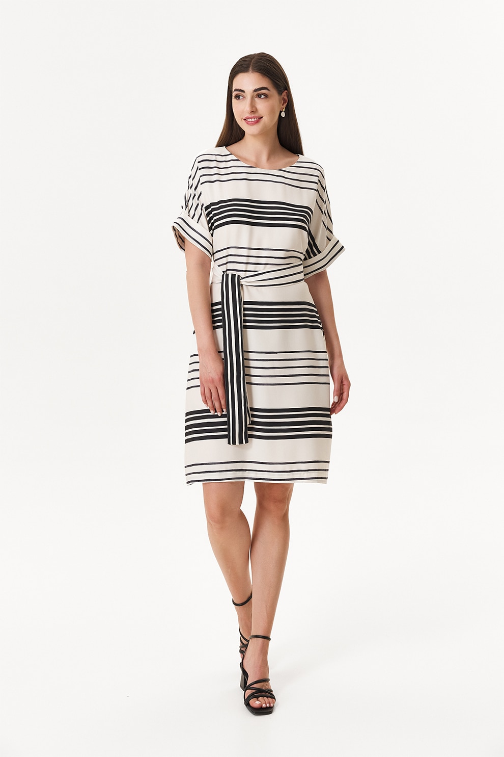 EMA\T, Rochie cu cordon in talie, Alb, Negru, M-L