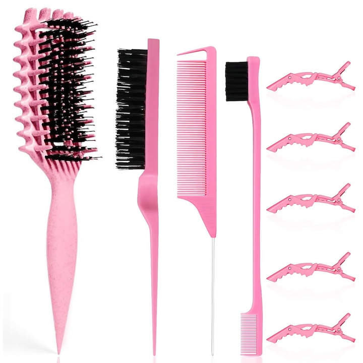 Set DUAIU 9 piese pentru Coafat Profesional - Perie Bucle Ventilata, Slick Back, Pieptene Detaliu + Clipuri - Demiscare & Stilizare Usoara - Roz