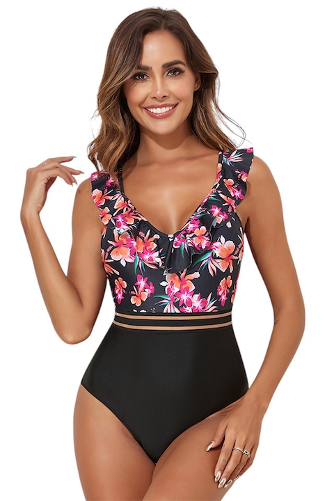 Бански, еднокомпонентен, елегантен модел с детайл за отслабване на талията, волани и класически изрязани бикини, лятна атмосфера, EFAYN, Червен/Черен