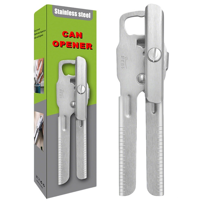 Отварачка за консерви, Momcbebe, неръждаема стомана, с ергономична дръжка, отварачка за бутилки, 18.5x4.5 см, сребриста