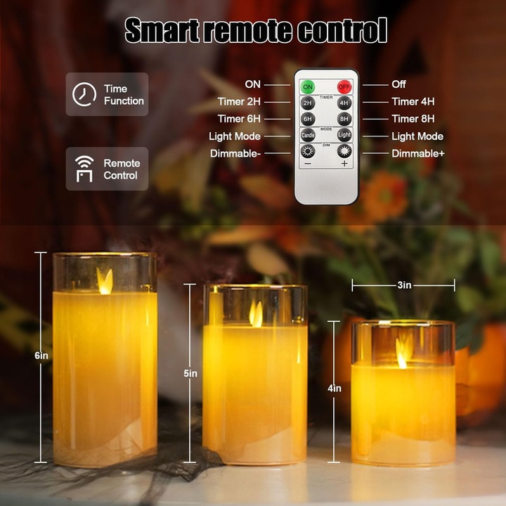 Set 3 Lumanari LED cu Flacara, Telecomanda si Cronometru, Auriu, 7,5x10/12,5/15cm