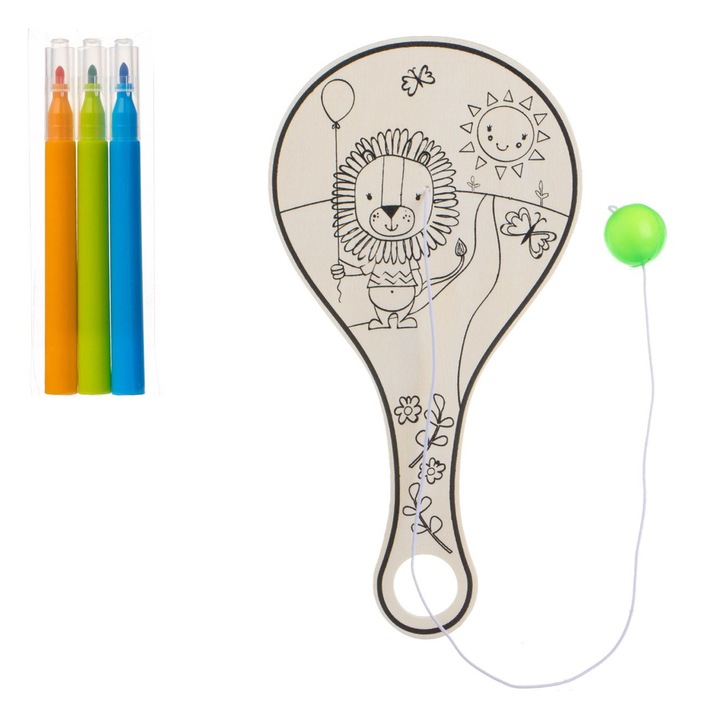 Set Creativ ”Racheta din Lemn Leu” cu Minge & 3 Carioci - 4buc