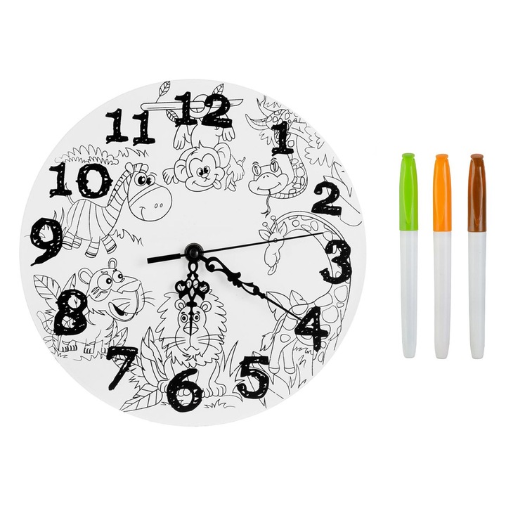 Set Creativ ”Coloreaza Ceasul” cu Animale din Jungla & Carioci Ø24cm