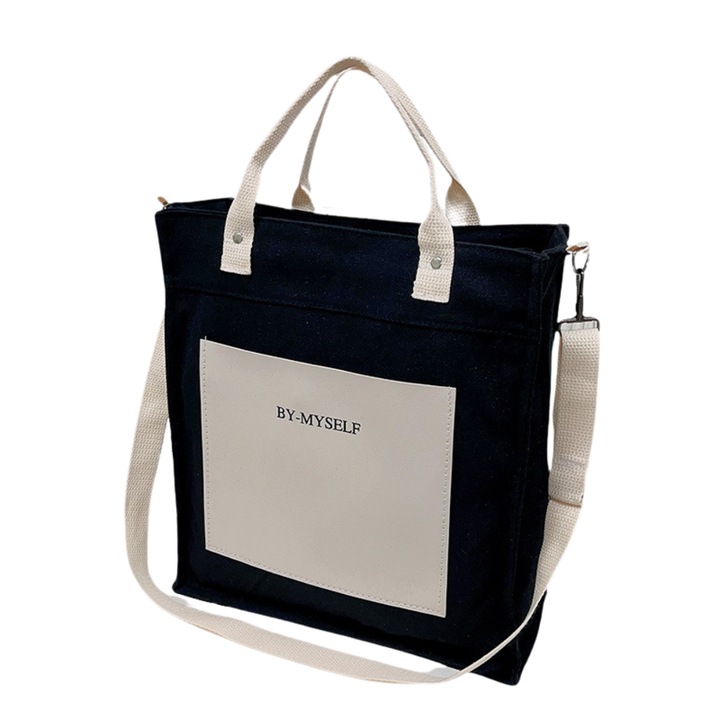 Geanta tote din panza, negru si alb, 34x40x16 cm, capacitate mare, design minimalist