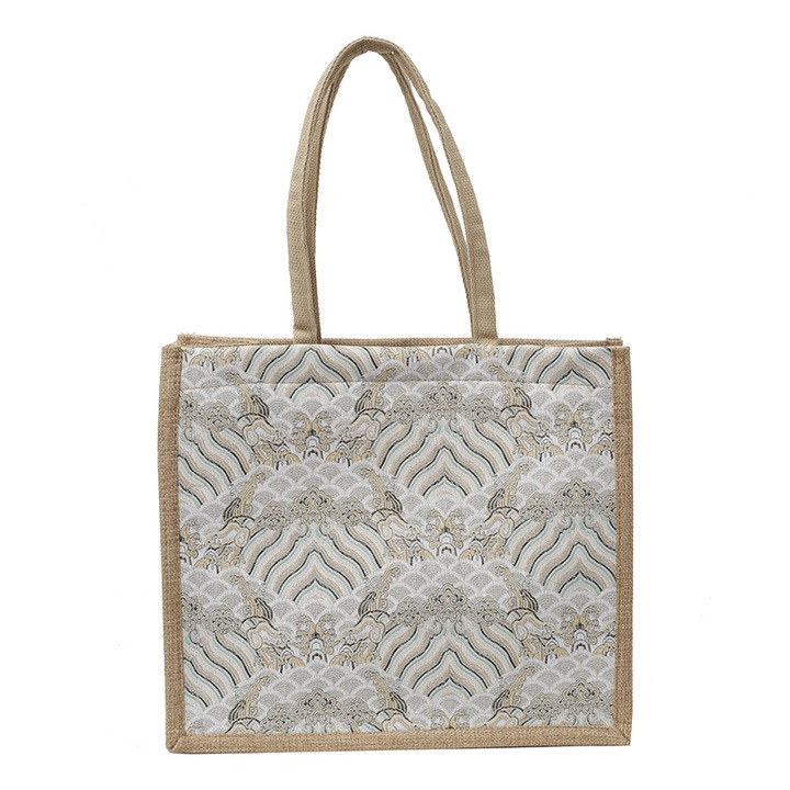 Zöld vászon bevásárlótáska orientális moaré mintával, 39x25x15 cm, nagy kapacitású