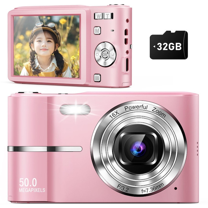 Kompakt digitális fényképezőgép, Kompakt digitális fényképezőgép 16x zoommal, 50MP FHD 1080P, 32 GB memóriakártya, vaku, autofókusz, hordozható, kompakt digitális fényképezőgép, kis fényképezőgép, ajándék kezdőknek, rózsaszín