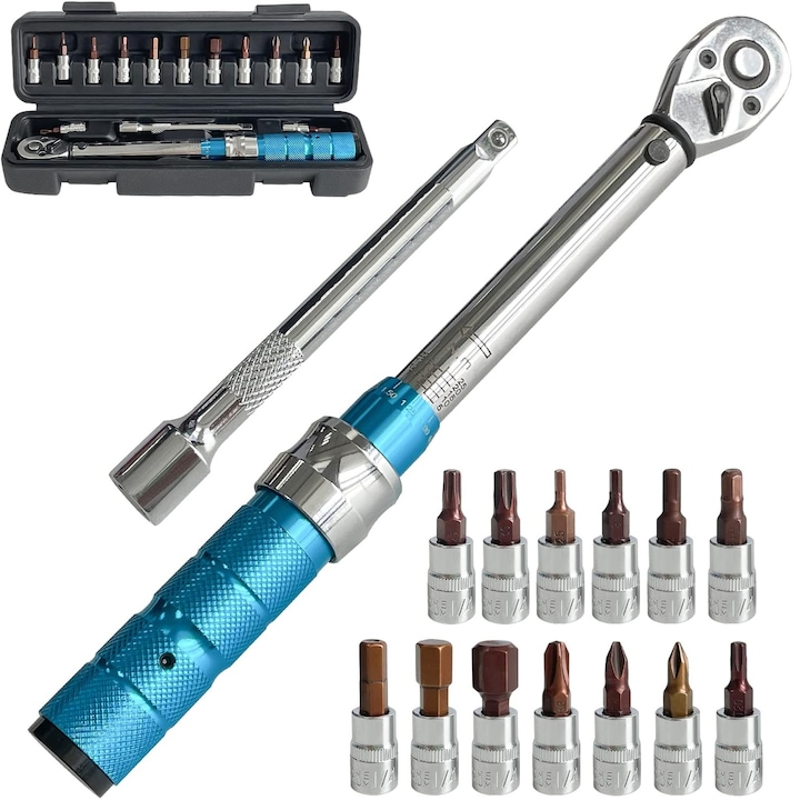 Комплект от 15 динамометрични ключове 1/4" 5-25Nm, Zggzerg, Динамометричен ключ с тресчотка и бързо освобождаване, С вложки и удължител, ±3% висока точност, За ремонт на велосипеди, мотоциклети и автомобили, 45 стомана, 32*7*7 см, Сребристо/син