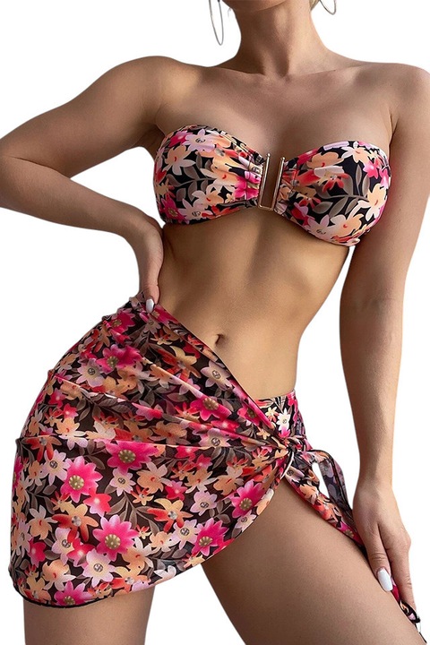 Бански костюм, комплект от 3 части, весел и универсален модел, сутиен с аксесоар, класически бикини и къса пола, лятна атмосфера, EFAYN, Червен