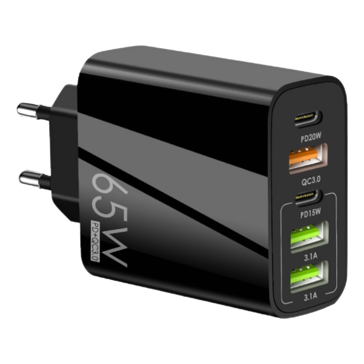 Incarcator rapid 65W USB C, 5 porturi, compatibil cu MacBook Air Pro M1/M2, iPhone 16 Pro Max/15/14/13, Galaxy S24 Ultra/S23/S22, negru