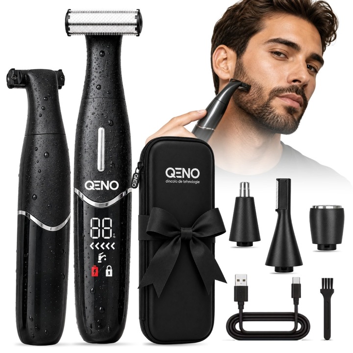 Aparat De Tuns Ras Si Barbierit, Masina De Tuns Barba, Parul Corporal, Nas, Urechi, Inghinal, Qeno® SilkTouch V2 Pro Electric, Trimmer Cu Port Incarcare Type-C, 4 Pieptani, Reincarcabil, Rezistent La Apa, Afisaj Digital LED, Indicator aterie, Negru/Gri