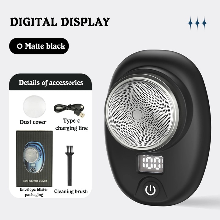 YANYXR 2202 hordozható elektromos borotva, Type-C gyors töltés, LCD kijelző, 74x51x22mm, fekete