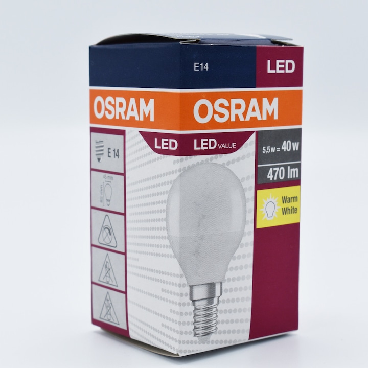 Сферична LED крушка Osram, 5.5W(40W), E14, P40, 470 lm, топла светлина (2700K), енергиен клас F