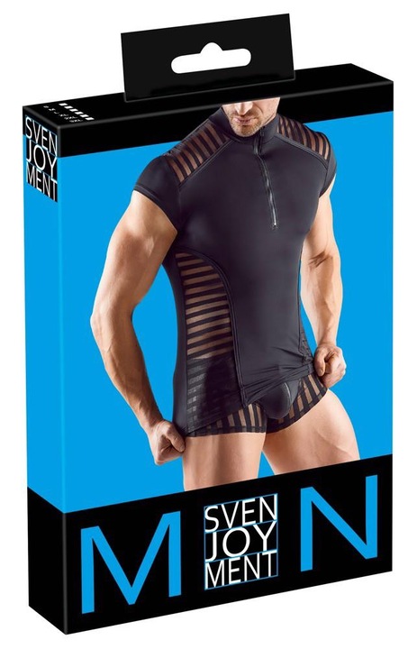 Top sexy, Orion, cu dungi, neagra, microfibra, maneci scurte