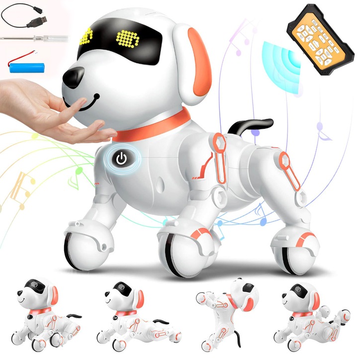 Robot inteligent cu telecomanda, Puepoul, multifunctional, varste 3+, caine robot programabil, jucarie interactiva pentru copii, muzica dinamica, reincarcabila prin USB, jucarie educationala, ABS,21.5x13.1x18cm, alb/roz