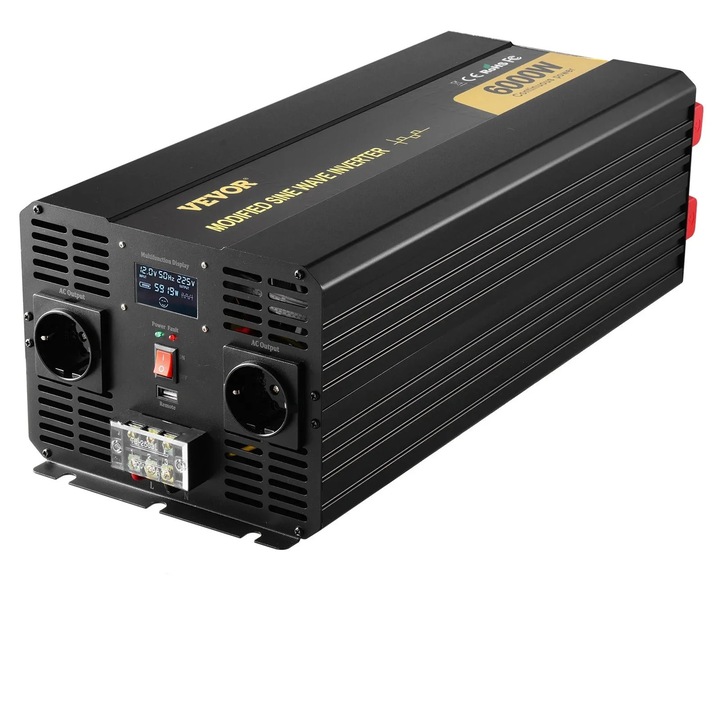 DC 12V - AC 230V inverter, módosított szinuszhullám, LCD kijelző, 6000W, amerikai csatlakozó