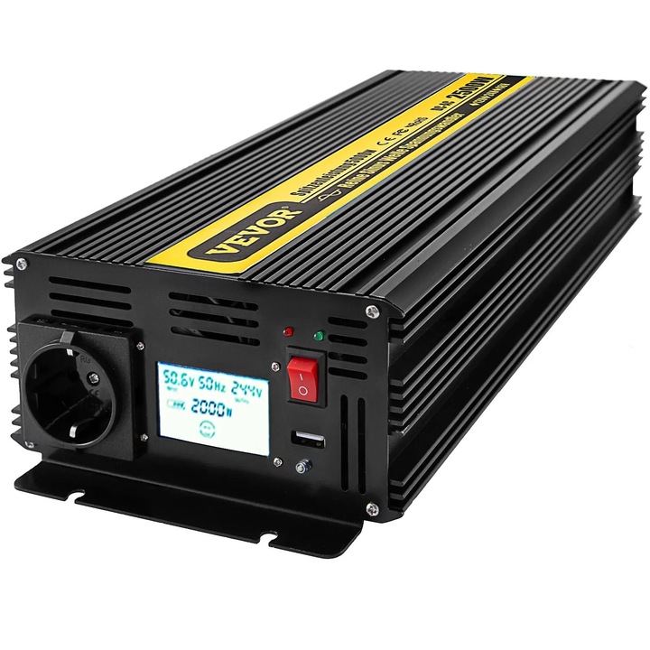 Tiszta szinuszhullámú inverter, DC 12V - AC 230V, LCD kijelző, távirányító, ezüst