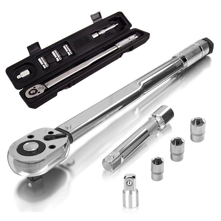 Set 6 Cheie Dinamometrica 1/2" 28-210Nm, Zggzerg, Cheie dinamometrica cu si eliberare rapida, Cu prize si extensie, ±3% precizie ridicata, Pentru reparatii de biciclete, motociclete si masini, 45 otel, 49*8*7cm, Argint