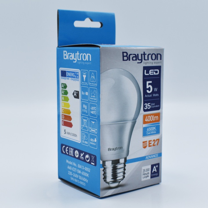 LED крушка Braytron 5W(35W), A60, E27, 470lm, студена светлина (6500K), енергиен клас F