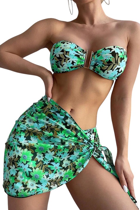 Бански костюм, комплект от 3 части, весел и универсален модел, сутиен с аксесоар, класически бикини и къса пола, лятна атмосфера, EFAYN, Зелен