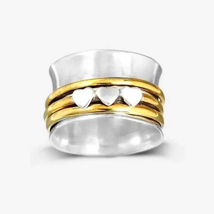 Inel argintiu, lat, cu model in relief, inimioare si cercuri aurii, Nemo C2 - 8 (circumferinta: 57 mm)