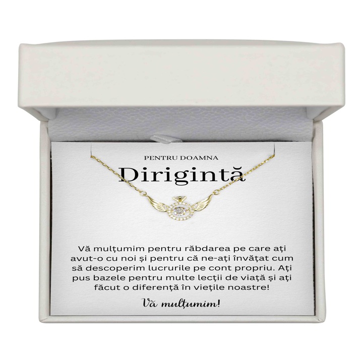 Colier Cadou Pentru Diriginta, Colier Argint 925, Placat Aur 14K, Cutie LED, Cartonas Cu Mesaj, Colier Guardian Angel, Din Partea Elevilor