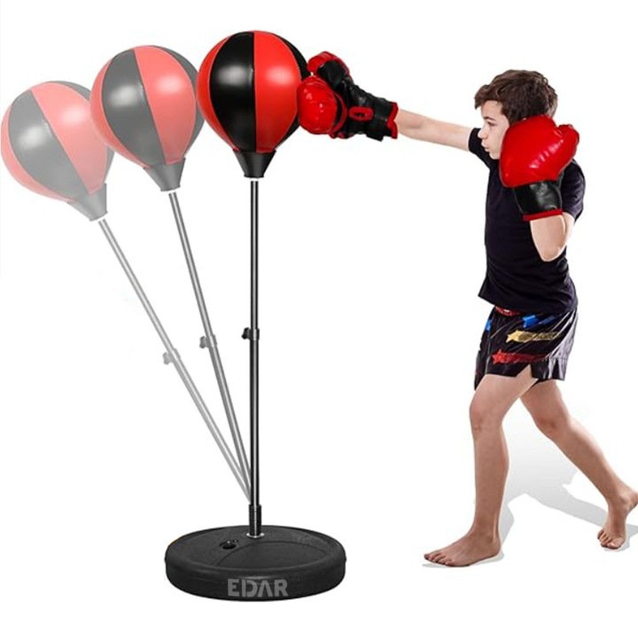 Set Sac De Box + Manusi EDAR, Pentru Copii, Piele Sintetica, Inaltime Ajustabila, Pompa Si Picior Metalic, Rosu/Negru