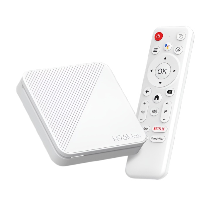 TV Box Android 14 Empionics®, model H96 Max, procesor Quad Core, 2GB RAM, stocare interna 16GB, rezolutie 4K, WiFi 6, BT 5.0, HDMI, slot card MicroSD, 2X USB 2.0, alb