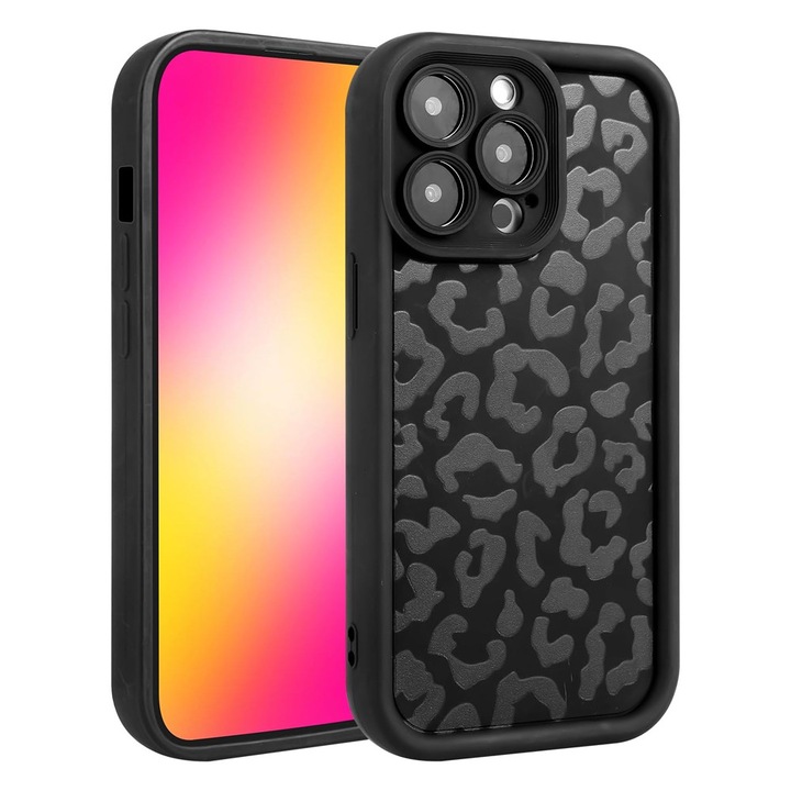 Защитен калъф Cheeterra за Apple iPhone 14 Pro Max, OPTIM SOLUTION, калъф с леопардов принт, за жени, момичета, AntiShock Soft TPU, Premium Rosettes Design, защита от най-високо ниво OptimS, Bumper Camera, Дискретни покрития, XGD, черен