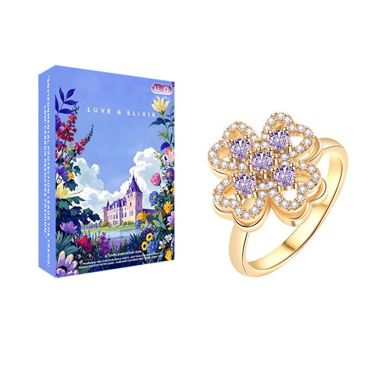 Inel trendy Pentru femei moderne LOVE&ELIXIR #030 Design petale Floarea-soarelui incrustata cupru aurit Cadou Cadou aniversare Accesorii obligatorii nunti Coordonare bal scolar Accesorii calatorii Moara de vant rotativa mov