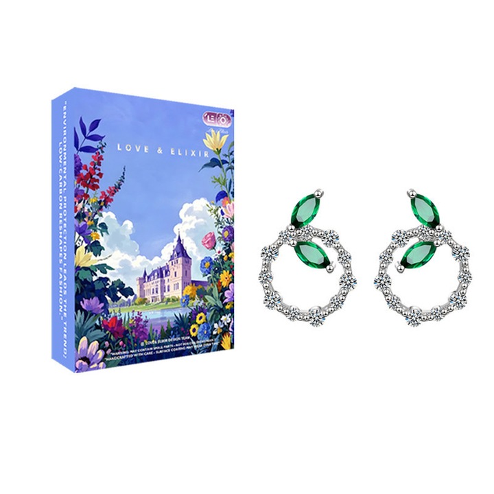 Cercei top vanzari Pentru fete LOVE&ELIXIR #004 Forma frunza naturala Cristale artificiale Cadou aniversare Bijuterii intalniri Souvenir dragoste Accesorii calatorii Decor interior Cercei argintii Zircon verde