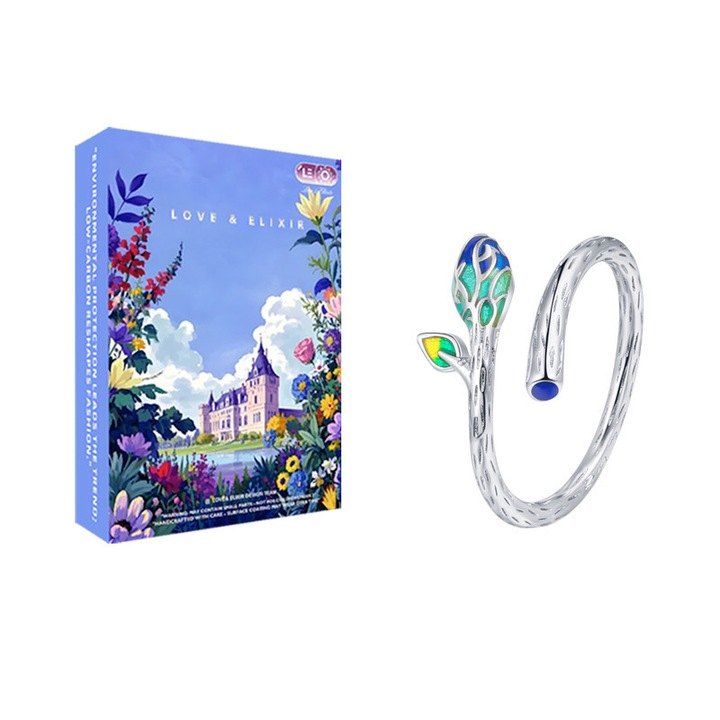 Inel Pentru femei moderne LOVE&ELIXIR #018 Design mugur frunza Bordura argintiu-albastrui Cadou Cadou aniversare Coordonare reuniuni familiale Accesorii nunti Frunza verde-albastruie Cupru Reglabil