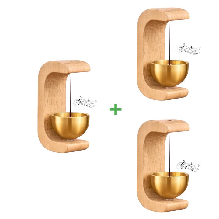 Clopotel lemn cu alama, h 7.2cm - 3 pcs, prindere magnet inclusa in lemn + banda dublu adeziv, pentru usi, ferestre, dulapuri- cadoul perfect