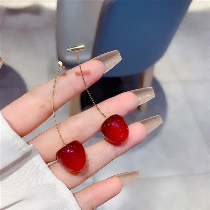 Cercei veseli de vara, cirese mari cu codita metalica Rosu inchis